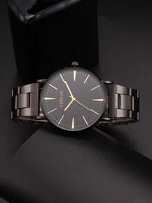 GENEVA 1pc Men Metal Strap Business Round Dial Quartz Watch, For Daily Life - Black - View 2