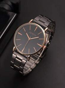 GENEVA 1pc Men Metal Strap Business Round Dial Quartz Watch, For Daily Life - Black - View 2