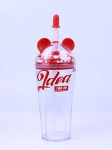 1pc Letter Graphic Straw Cup, Red Ear Detail Cola Cup, For Home, Office - Red - View 1