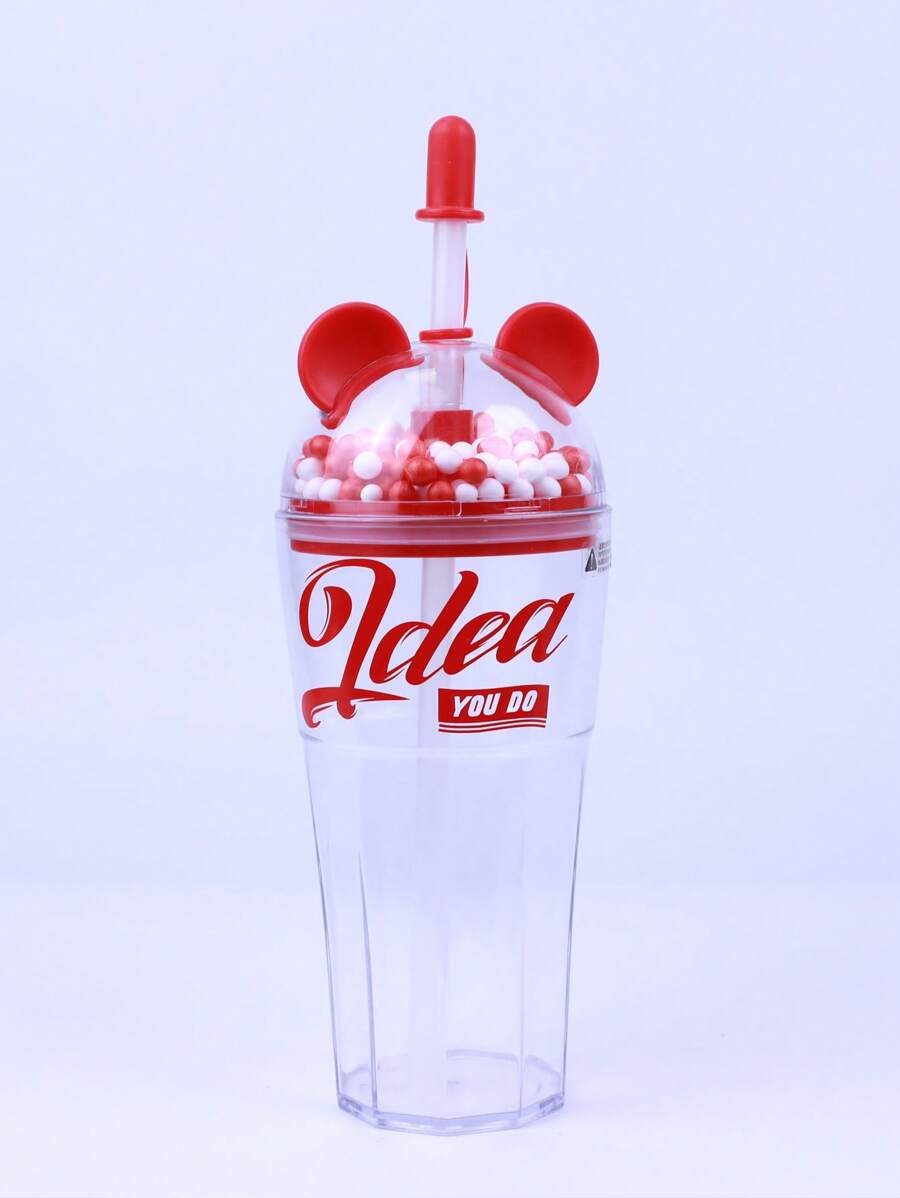 1pc Letter Graphic Straw Cup, Red Ear Detail Cola Cup, For Home, Office - Red - View 1
