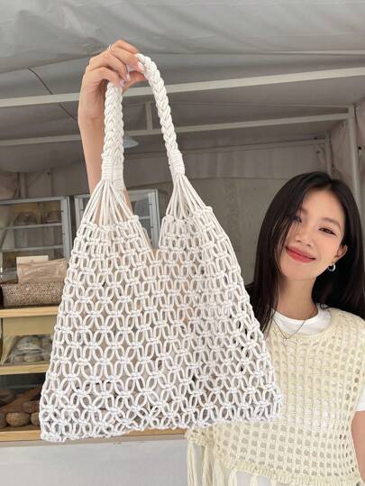 DAZY White Straw Bag Vacation Drawstring Double Handle, Beach Purse, Perfect For Summer, Vacation & Daily Use, Travel Must Haves