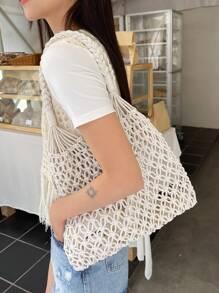 DAZY 白色草编包度假抽绳双手柄，沙滩钱包，适合夏季、度假和日常使用