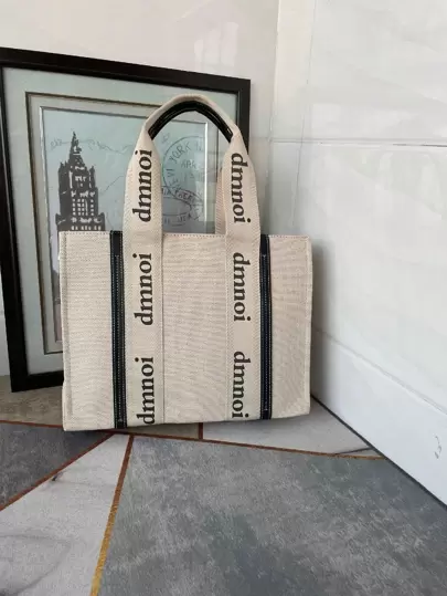 新款女士手提包大容量帆布亚麻布手提购物袋办公室女士手提包笔记本电脑包带随机左右字母，黑色