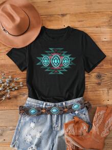 INAWLY Camiseta con estampado geométrico