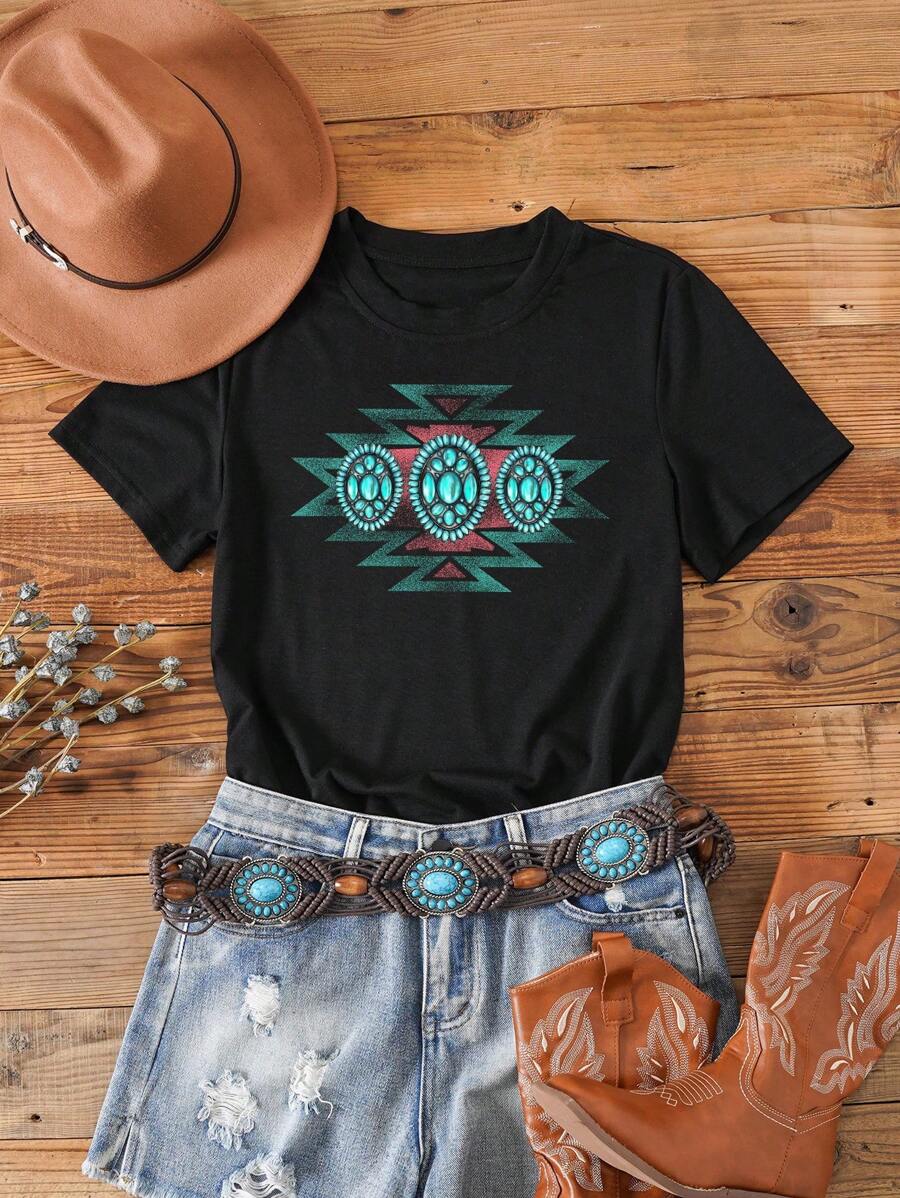 INAWLY Camiseta con estampado geométrico