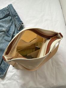 Letter Patch Decor Top Handle Bag Double Handle - White - View 3