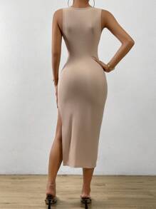 SHEIN Privé 素色高衩背心連衣裙 - 卡其色 - 查看 2