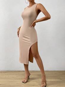 SHEIN Privé 素色高衩背心連衣裙 - 卡其色 - 查看 7
