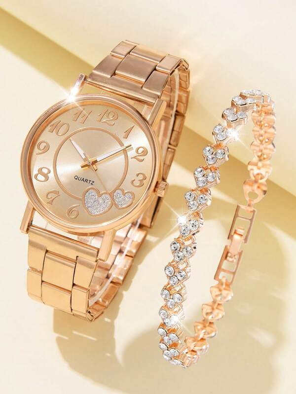 1pc Ladies Watch Women Metal Strap Casual Heart Pattern Round Dial Quartz Watch & 1pc Zinc Alloy Rhinestone Heart Decor Bracelet For Daily Life Holiday Heart Bracelet Valentines