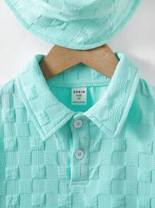 SHEIN Toddler Boys Solid Polo Shirt & Hat - Mint Blue - View 3