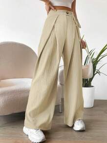 SHEIN Unity High Waist Plicated Detail Wide Leg Pants - Beige - View 6