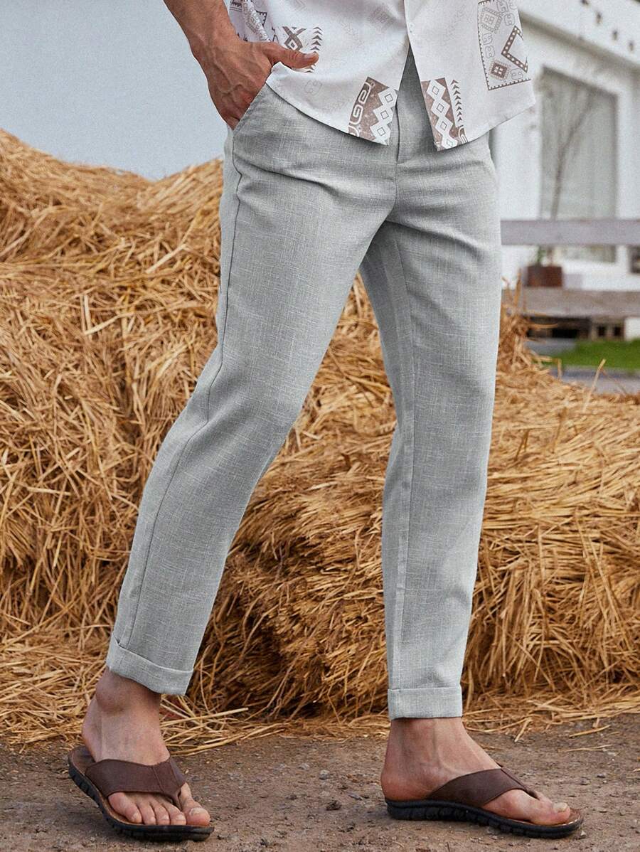 Manfinity Homme 男士素色斜口袋西裝褲 - 淺灰色 - 查看 1