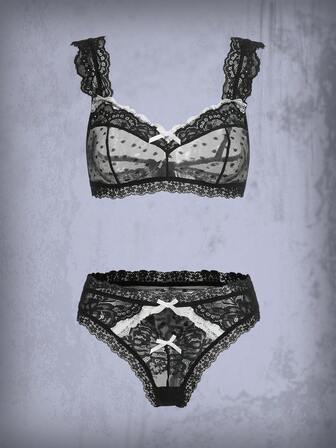 Goth Contrast Lace Bow Decor Sheer Lingerie Set