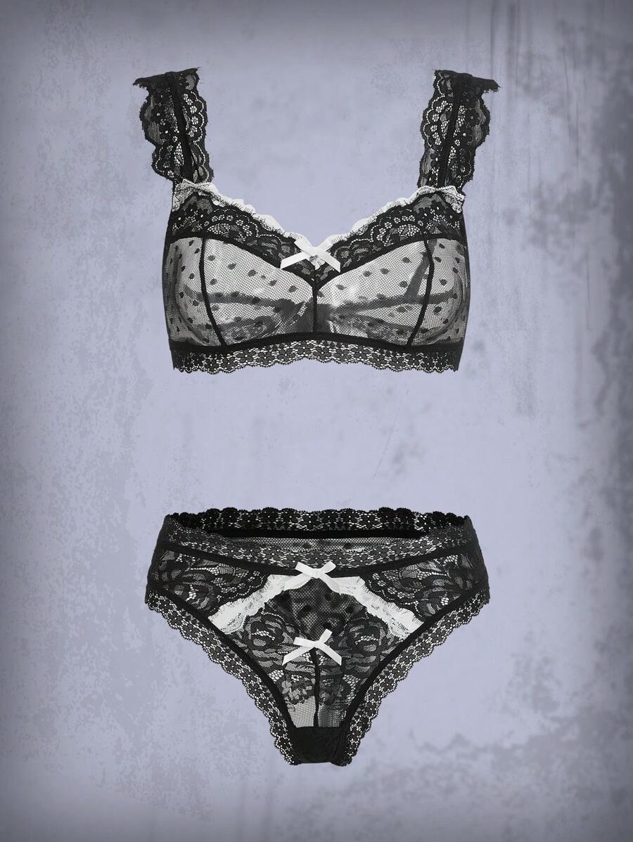 ROMWE Goth Set de lencería con encaje en contraste con diseño de lazo transparente - Negro - Ver 1