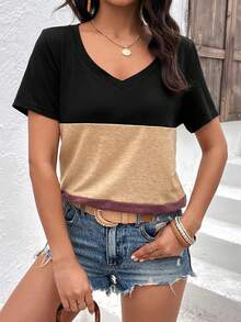 SHEIN LUNE Camiseta de color combinado de cuello V - Multicolor - Ver 3