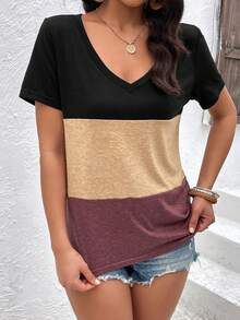 SHEIN LUNE Camiseta de color combinado de cuello V - Multicolor - Ver 6