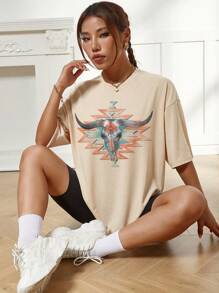 SHEIN EZwear Áo thun nữ Thú vật Giải trí - Màu be - Xem 3