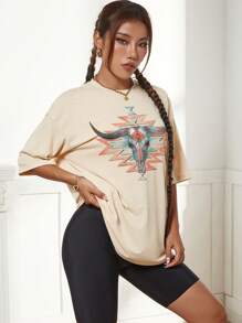 SHEIN EZwear Áo thun nữ Thú vật Giải trí - Màu be - Xem 6