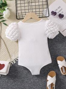 SHEIN Toddler Girls Puff Sleeve Ribbed Knit Bodysuit - White - View 2