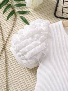 SHEIN Toddler Girls Puff Sleeve Ribbed Knit Bodysuit - White - View 4