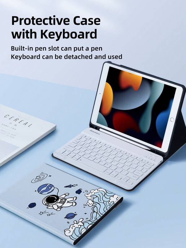 1pc Astronaut Pattern PU Protective Case With Wireless Keyboard