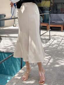 DAZY Solid Split Thigh Skirt - Beige - View 3