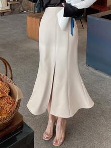 DAZY Solid Split Thigh Skirt - Beige - View 5