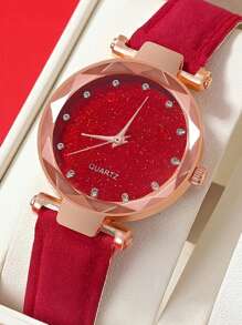 1入組女士紅色PU聚氨酯錶帶迷人水鑽裝飾圓形錶盤石英手錶，適合日常生活 - 紅色 - 查看 2