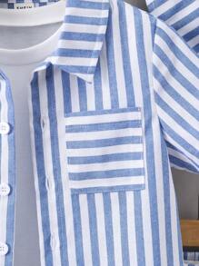 SHEIN 小男孩藍白條紋翻領度假休閒襯衫連身裙常規袖遮陽帽 2入組套夏季 - 藍白色 - 查看 5