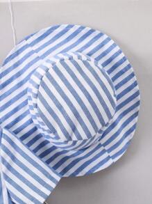 SHEIN 小男孩藍白條紋翻領度假休閒襯衫連身裙常規袖遮陽帽 2入組套夏季 - 藍白色 - 查看 6