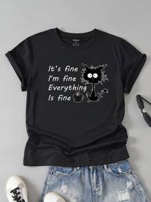 INAWLY Plus Áo thun họa tiết hoạt hình và khẩu hiệu It's Fine I'm Fine Mọi thứ đều ổn cho mùa hè - màu đen - Xem 1