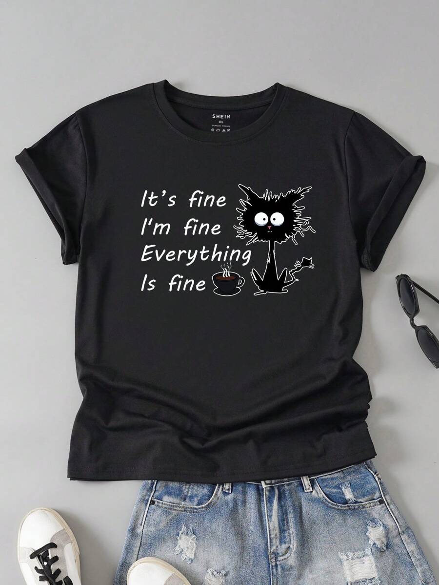INAWLY Plus Áo thun họa tiết hoạt hình và khẩu hiệu It's Fine I'm Fine Mọi thứ đều ổn cho mùa hè - màu đen - Xem 1