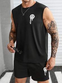 Manfinity EMRG Hombres expresión & con estampado de letra Top tank & Shorts - Negro - Ver 2