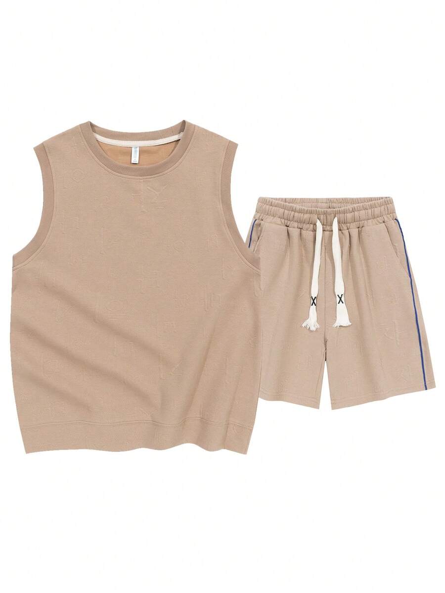 Men Tank Top & Drawstring Waist Shorts - Khaki - View 1