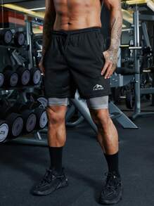 Manfinity Sport Corelite Men Mountain & Letter Graphic Drawstring Waist 2 In 1 Sports Shorts - Black - View 3