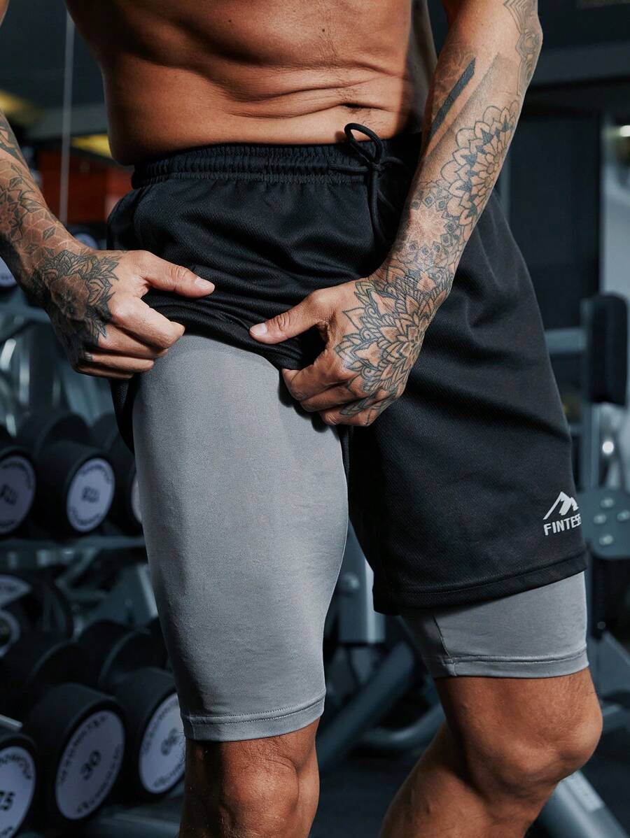 Manfinity Sport Corelite Men Mountain & Letter Graphic Drawstring Waist 2 In 1 Sports Shorts - Black - View 1