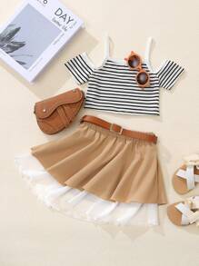Toddler Girls Striped Cold Shoulder Tee & Layered Hem Skirt - Multicolor - View 1