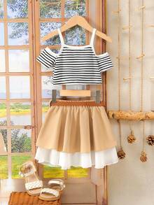 Toddler Girls Striped Cold Shoulder Tee & Layered Hem Skirt - Multicolor - View 2