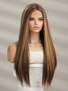 棕色高光金色中長直髮u型蕾絲化纖頭髮,每日進口絲4*1