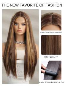 棕色高光金色中長直髮u型蕾絲化纖頭髮,每日進口絲4*1