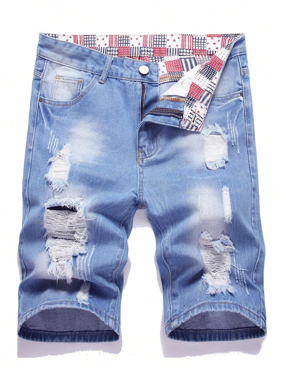 Men Cotton Ripped Frayed Bleach Wash Denim Shorts - Light Wash - View 1