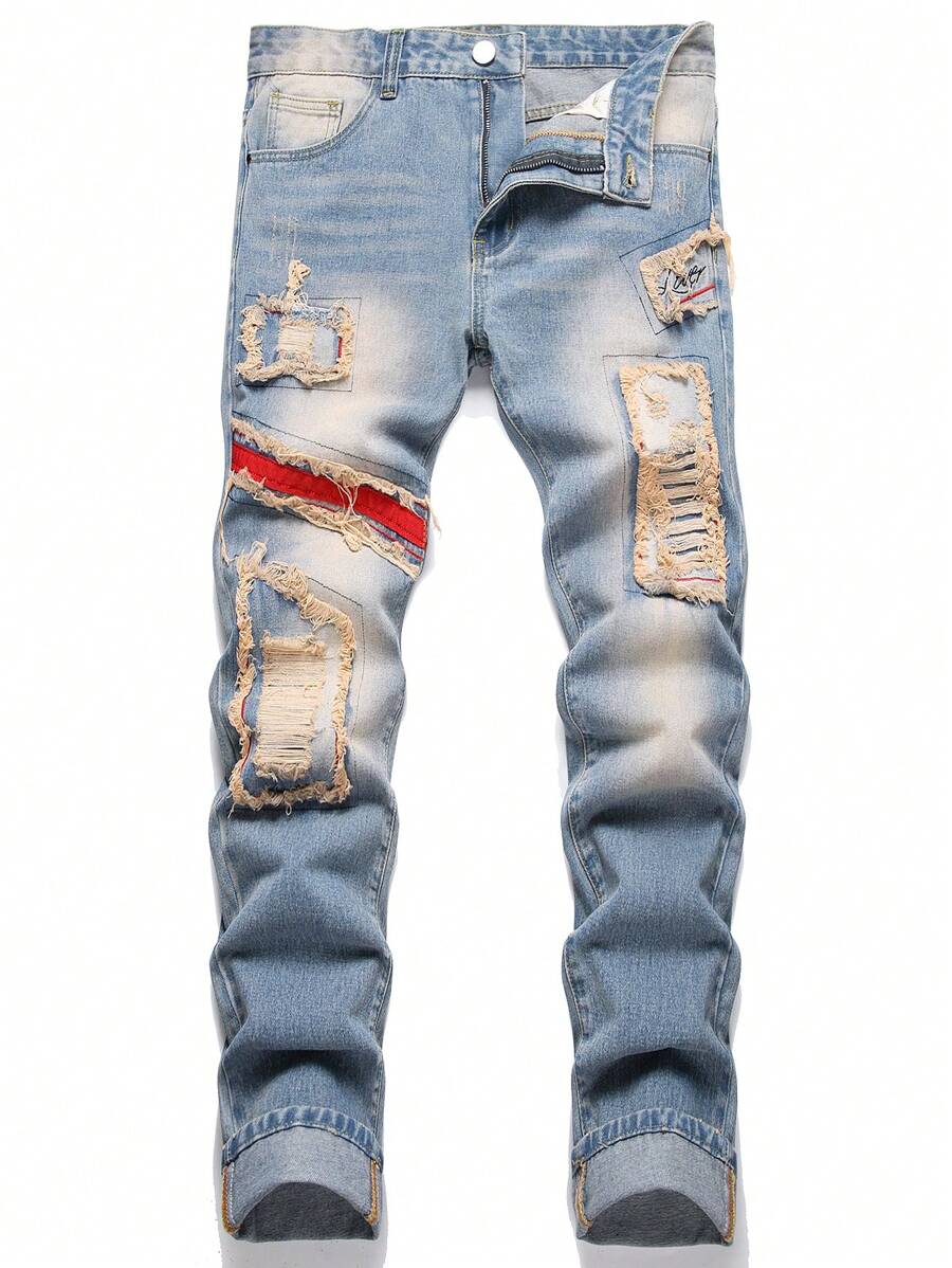 Men Cotton Ripped Frayed Rag Stitching Jeans - Medium Wash - View 1