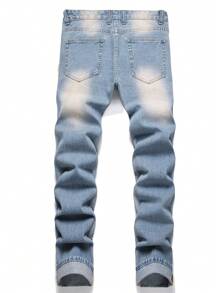 Men Cotton Ripped Frayed Rag Stitching Jeans - Medium Wash - View 2