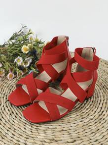 Fashionable Gladiator Sandals For Women, Faux Suede Cross Strap Zipper Back Chunky Heeled Sandals - Red - View 1
