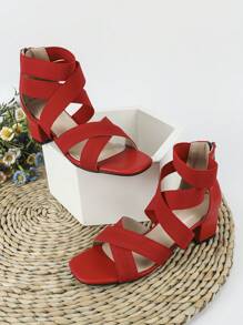 Fashionable Gladiator Sandals For Women, Faux Suede Cross Strap Zipper Back Chunky Heeled Sandals - Red - View 2