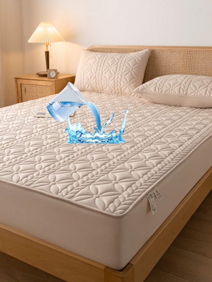 1 pieza Funda de colchón acolchada de poliéster impermeable o repelente al agua, funda de cama reforzada sin funda de almohada - Caqui - Ver 1