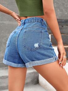 破洞卷邊牛仔短褲 - 中等水洗藍 - 查看 2