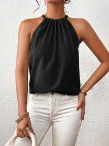 SHEIN Privé Solid Tie Back Halter Top - Black - View 4