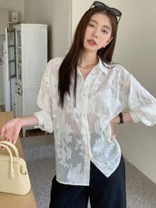 DAZY Jacquard Drop Shoulder Button Front Shirt - White - View 3