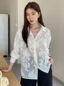 DAZY Jacquard Drop Shoulder Button Front Shirt - White - View 9